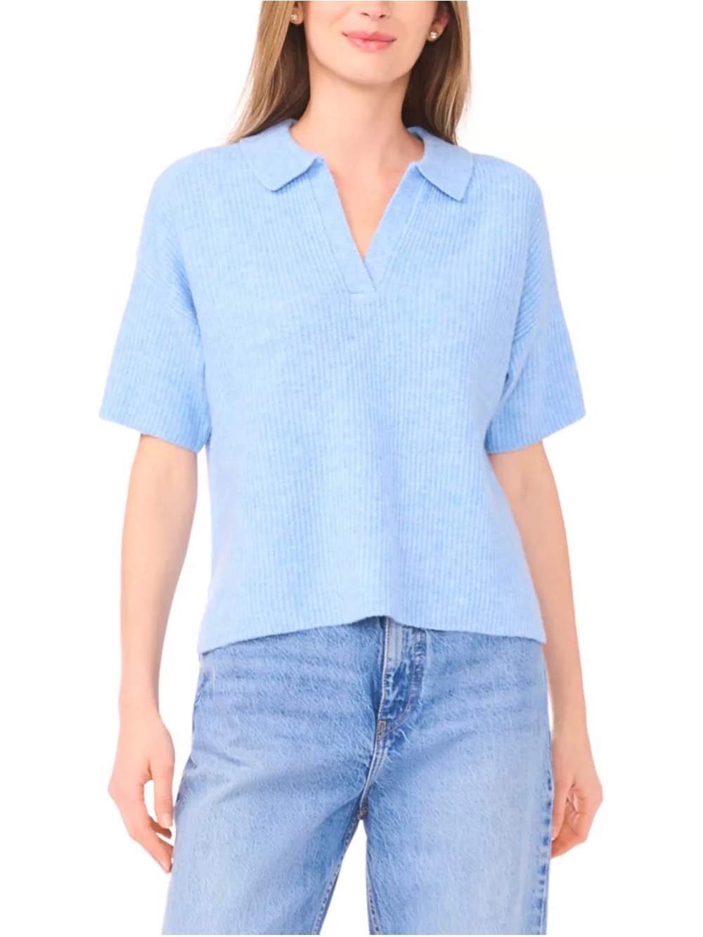 1.State Women's Short Sleeve Sweater Shirt, Blue Heather, size Large
